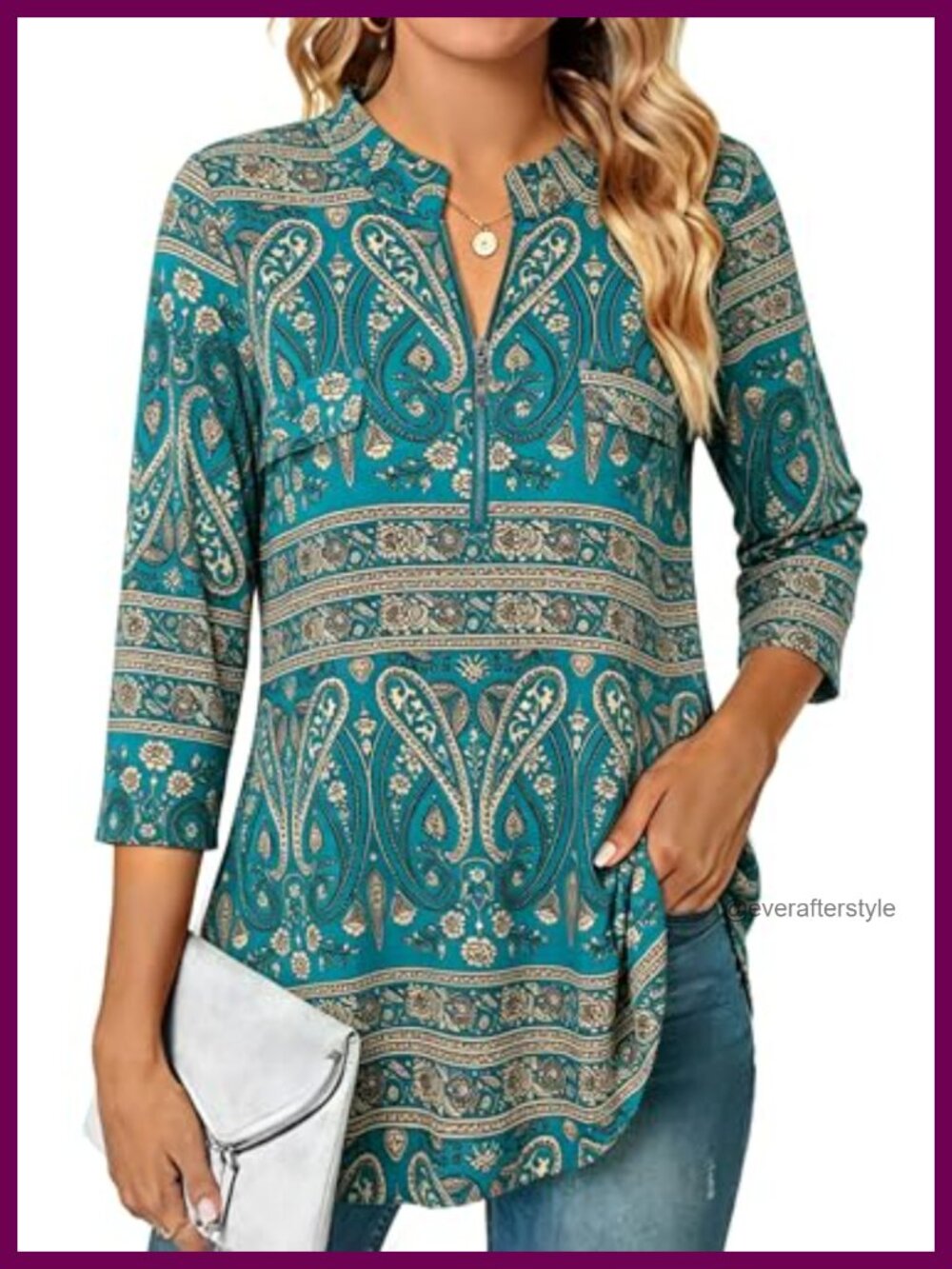 Women's 3/4 Sleeve Plaid Floral Tunic Blouse Zip V-Neck Casual Top